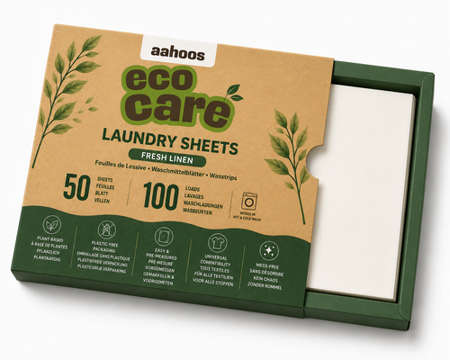 Open EcoCare laundry detergent sheets box showing the pre-measured white sheets