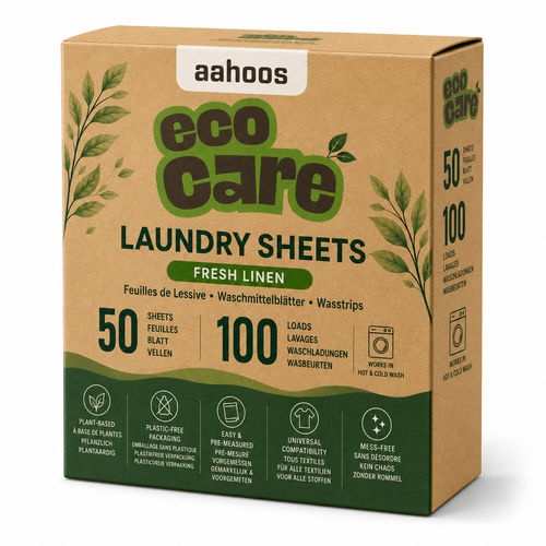EcoCare Fresh Linen laundry detergent sheets box, 50 sheets and 100 loads