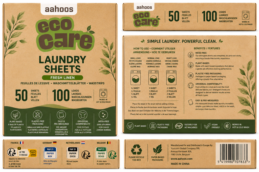 EcoCare laundry detergent sheets packaging showing usage instructions and product benefits