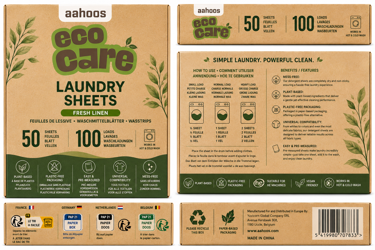 EcoCare laundry detergent sheets packaging showing usage instructions and product benefits