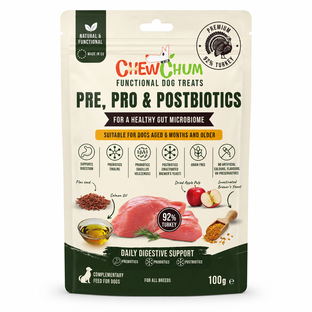 ChewChum Pre-Pro-Postbiotic Functional Dog Treats — Turkey Cubes 100g