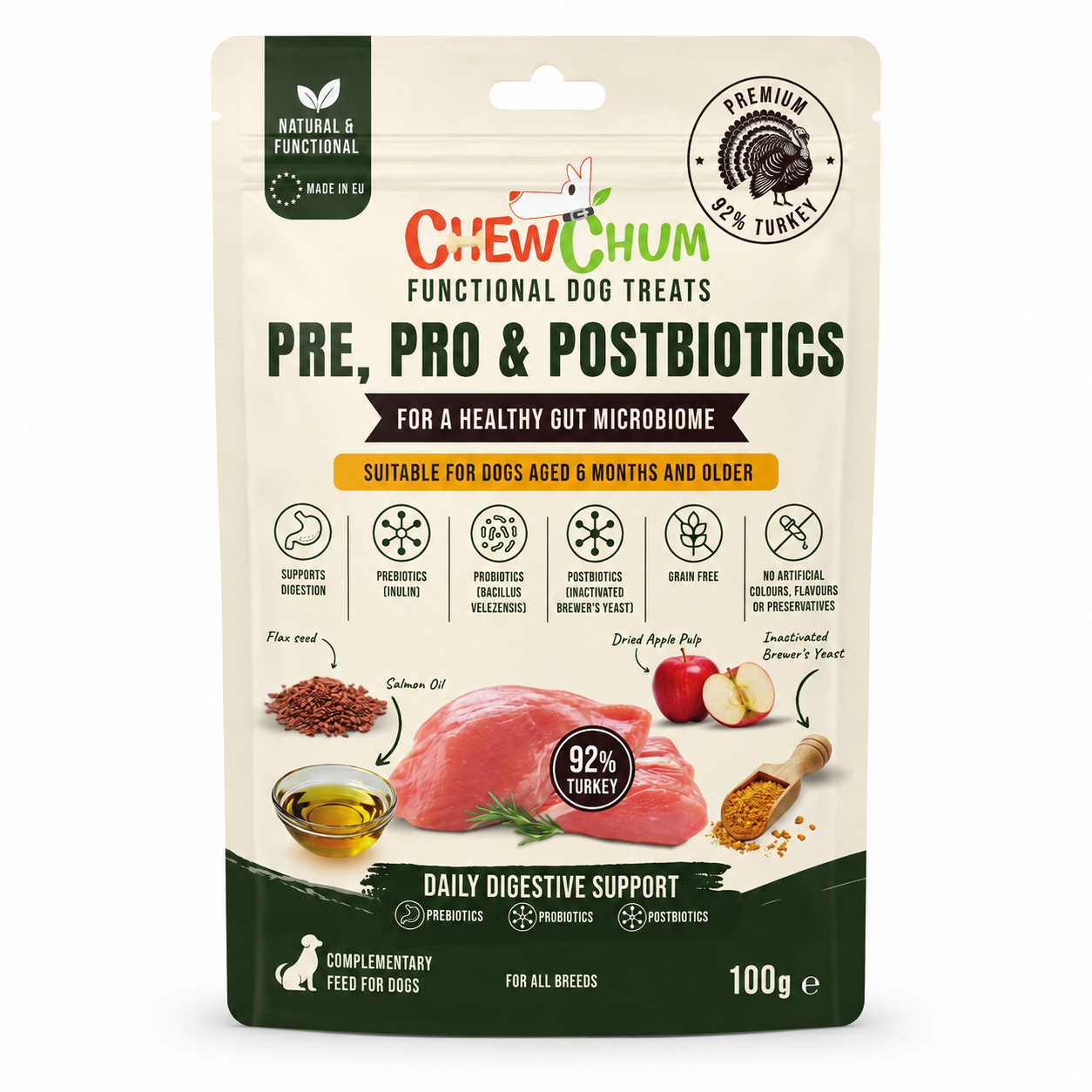 ChewChum Pre-Pro-Postbiotic Functional Dog Treats — Turkey Cubes 100g